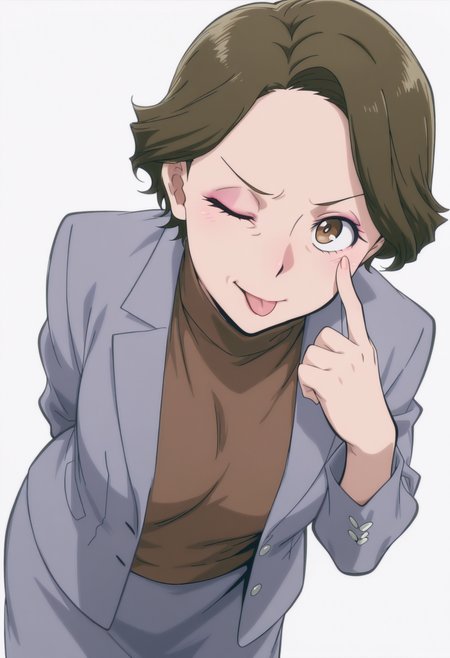 anime screencap, anime coloring,    <lora:DX888Shoko:1>  haimawari shoko, brown eyes, brown hair, short hair, makeup, mature female, wrinkled skin, 
grey blazer, turtleneck sweater, brown sweater, grey skirt BREAK simple background,  white background, BREAK  1girl, ;p, akanbe, arms behind back,  blush, breasts, cowboy shot,  (eyelid pull:1.3), looking at viewer,  one eye closed, solo, tongue out,  from above, dutch angle, leaning forward,