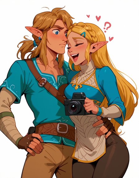 <lora:Disney_Style:.9> <lora:princess_xl_v2:.75> <lora:add-detail-xl:.9> <lora:g0th1cPXL:.3> <lora:Cherry-Gig:.45> <lora:Expressive_H:1> <lora:PLASTT_PonyV6:1> score_9, score_8_up, score_7_up, zPDXL, DisneyRenstyle, score_9,score_8_up,score_7_up,score_6_up, score_9, score_8_up, score_7_up, 1 girl, 1 guy, couple, Princess Zelda, Link, BOTW, Breath of the Wild outfit, elf ears, pointy ears, white background, plain background, ambient lighting, standing, blue tunic, 
couple, 1 girl, princess zelda, intricate hair, messy side braid, excited expression, laughing, small breasts, wide eyes, narrow hips, petite, skinny, slender, standing, (breath of the wild outfit, blue tunic, black leggings), wide eyes, (holding camera, both hands holding camera), 
couple, 1 guy, Link, elf, pointy ears, (Breath of the Wild outfit, blue tunic, brown trousers), fit, athletic, confused expression, question marks, mouth closed, wide eyes, (one hand on hip, one hand behind head),