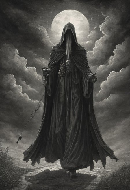 Misty morning, clouds in the sky
Without warning, a wizard walks by
Casting his shadow, weaving his spell
Long grey cloak, tinkling bell
partially covered in shadow, engraving
Mysterious. Dark. Night. Ominous. Highly detailed.