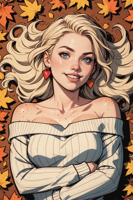 1girl, solo, sweater, blonde hair, realistic, leaf, looking at viewer, jewelry, blue eyes, red sweater, earrings, autumn leaves, upper body, lying, off shoulder, sleeves past wrists, long hair, lips, freckles, maple leaf, on back, long sleeves, smile, autumn, open mouth, stud earrings, off-shoulder sweater, teeth, crossed arms, multicolored hair, <lora:Expressive_H:0.5>, score_9, score_8_up, score_8_up, a_Comic_Illustration, rough lines with ink, (drawn:1.1), (sketch:1.5), (crosshatching:1.25), (comic style:1.1), graphic novel style, sharp lines, hires, zstyle, (western comics \(style\):1.1), (hatching \(texture\):1.2), zPDXL, Mr_Monster_Possitive