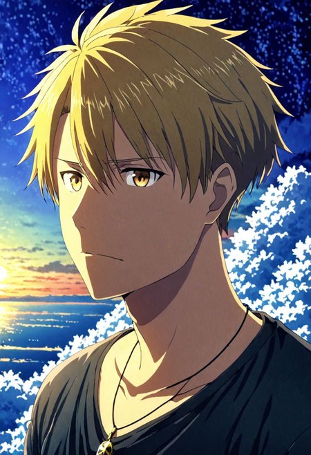 high resolution, solo, best quality, 1Boy, Yamato Ishida, Blond Hair, Necklace, glomySky, OverallDetail