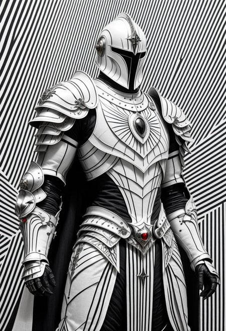 White and black lines By Bw-grignani, Made of bold lines, Shiny emphasis lines rough linen knightess with Lots of Details, hellgate London themed, high Quality, intricate, maximum resolution, hyper detailed, vertical lines, horizontal lines,