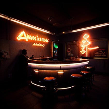 RAW photo, OverallDetail, (masterpiece:1.3), subsurface scattering, heavy shadow, (high quality:1.4), (intricate, high detail:1.2), professional photography, HDR, High Dynamic Range, realistic, ultra realistic, photorealistic, high resolution, film photography, ambient lighting, atmospheric effects, bar \(place\), black hair, bottle, cyberpunk, cyclu, drinking glass, graffiti, multiple boys, multiple girls, neon lights, shadow, standing, stool