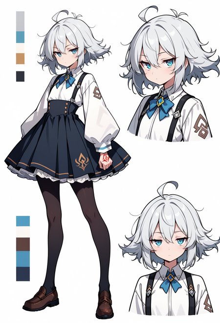 fantasy, anime, highres, hi res, best quality, masterpiece, intricate details, absurdres, 4k,
<lora:CharacterDesignIllustrious_Concept:0.8> CharacterDesignIllustrious, reference sheet, simple white background, (color guide:1.2), (multiple views), (full body), dynamic pose, 
1girl, blue eyes, silver hair, messy hair, flipped hair, flat chest, ahoge, bangs, hair between eyes, blue bowtie, collared shirt, dress shirt, long sleeves, suspender skirt, high-waist skirt, pleated skirt, pantyhose, tsurime, jitome, medium hair, short hair, command spell, chaldea uniform, petticoat, slit pupils,