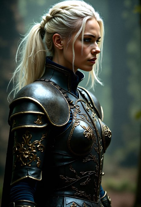 Extremely photorealistic depiction of  dark fantasy platinum blonde hair female warrior, with intricate leather armor with golden embedded finish and a powerful stance, in a realistic, atmospheric scene.
Side profile shot, showing the armor and the figure’s stance.
Cinematic color grading, enhancing the mood.
