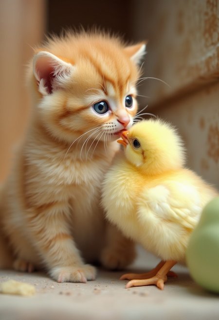 A fluffy yellow baby chick, a cute fluffy kitten soflty patting the baby chick's head in curiosity
