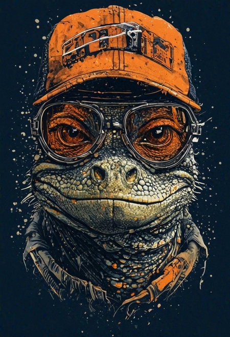 closeup of a  lizard face wearing orange retro pilot glasses and wearing a trucker hat, dark blue background, ink, splash art, gritty