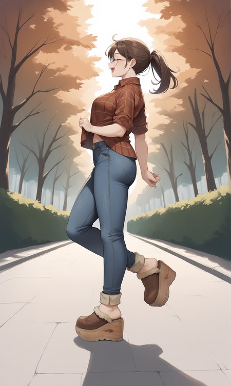 score_9, score_8_up, score_7_up, score_6_up, source_anime,
low angle, from side,
autumn, outdoors, park,
1girl, 
walking, arms out, looking up, happy,
flannel shirt, jeans, round glasses, ponytail, brown hair,
sherpa clogs, platform footwear,
embedding:zPDXLrl ,
embedding:zPDXL2 ,