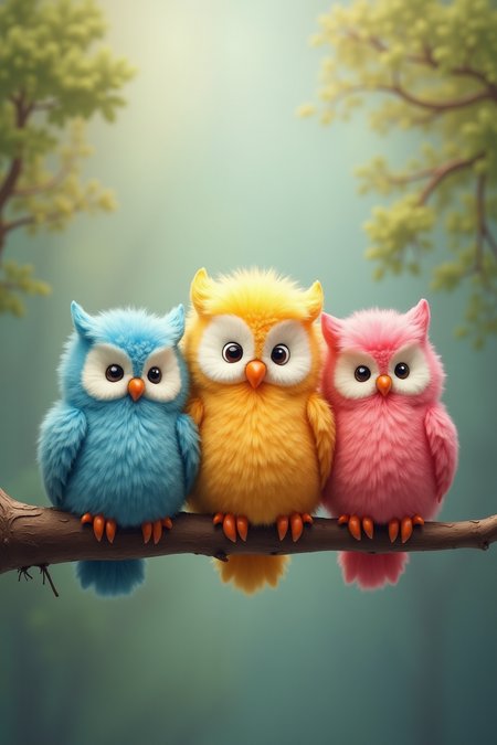 3 cute colorful fluffy owls sitting on a branch