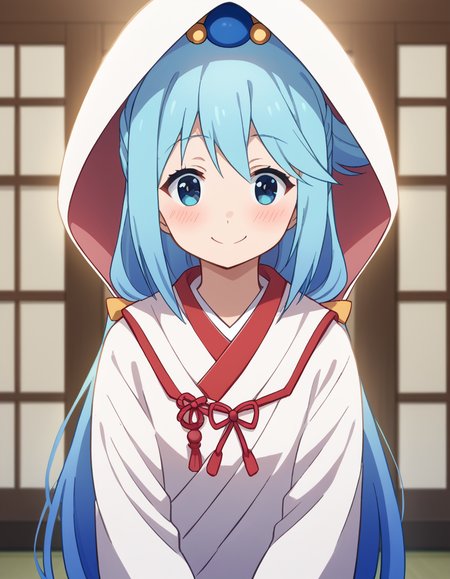 score_9, score_8_up, score_7_up, source_anime, konosubaaqua, <lora:konosuba-aqua-s2-ponyxl-lora-nochekaiser:1>, aqua (konosuba), long hair, blue eyes, hair ornament, very long hair, blue hair, hair rings, single hair ring, hair bobbles,, <lora:uchikake-ponyxl-lora-nochekaiser:1>, uchikake, wataboushi, shiromuku, white kimono, hooded kimono, bride, japanese clothes, hood,, indoors, wedding, smile, blush,, cowboy shot, dutch angle, looking at viewer,