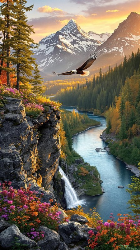In the warm light of sunset, a majestic eagle soars overhead as the American wilderness unfolds before us. A rugged rocky outcrop, adorned with vibrant wildflowers, overlooks the serene river winding through the valley below. The forest's towering trees, their leaves tinged with autumn's warm hues, stretch towards the sky. A cascading waterfall feeds into the river, its gentle melody a symphony of nature. In the background, snow-capped peaks rise majestically, bathed in the golden light of sunset, their mirrored reflections rippling across the tranquil waters.
The rocky outcrop's rough texture is juxtaposed with the delicate petals of the wildflowers, while the forest's intricate foliage and the eagle's soft plumage contrast with the river's smooth surface. The warm lighting casts a soft glow on the landscape, inviting contemplation and awe. Every element contributes to a harmonious composition that celebrates the grandeur and tranquility of this vast, untamed wilderness.