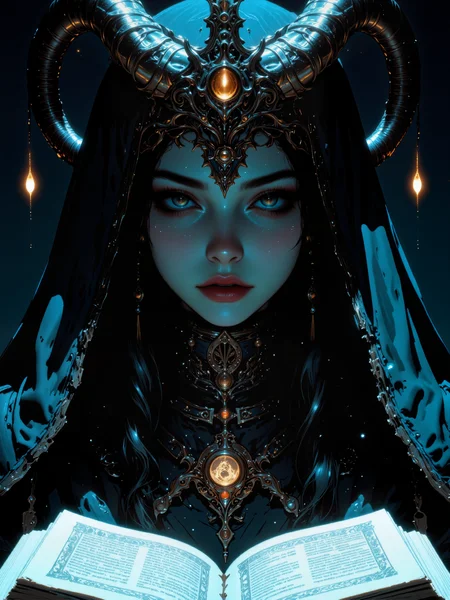 famous masterwork portrait painting of an enigmatic young sorceress, highly aesthetic, stunning, hyper-realistic, photo-realistic, ultra detailed, high resolution, uhd, 8k, 4k, epic, dramatic, accurate, low angle of view composition, at night, dim lighting, time is a beast inadherent to rein, trapped in its hounding, unbreakable frame, few, few are we, impossible the odds, to witness as mortals, the fabric of the gods, i never saw what came for me, and yet it lives within my dreams, it whispers from a restless void, sleeps with eyes wide open, the deep and slumbering question, rears its head one more, is it reality that dwarfs the dream? or a realm of illusions that rules supreme? i've seen too far beyond the veil, and peered into its soul, and once it answered, once i was complete, horned demon, ancient tome, arcane rune, the deep blue and deep teal and burgundy and dark amethyst purple and ebony black, harmonizing colors, lovecraftian, cthulhu mythos, ovg, in the style of ck-ovf, digital illustration, <lora:style-oneviolentfantasy-ep21-flux-by_chronoknight:0.6> <lora:epic_gorgeous_details-balance-flux-by_flyway:0.76> <lora:style-moriimee-gothic_niji-flux-by_tentacles_riders:0.68>