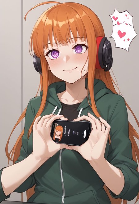 Futaba hypnotized, 
score_9, source anime, lewd, 1girl,
mind control, (hypnotized), spiral eyes, expressionless, slightly drooling, happy trance,
boobheart, heart hands Press own breast, (mind control phone app), looking at phone, pov, pov holding phone,
futaba sakura, orange hair, long hair, purple eyes, ahoge, behind-the-head headphones, green jacket,