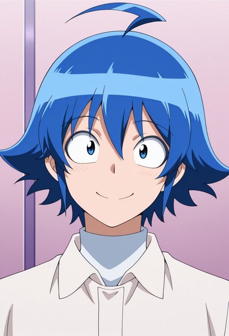 masterpiece,best quality,amazing quality, source_anime,
IrumaSuzuki, 1boy, male focus, solo, blue eyes, blue hair, ahoge, turtleneck, shirt, white shirt, collared shirt, smile, portrait,