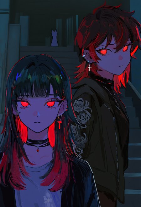 <lora:eXZvdG9ybw==-noobaiXLNAIXL_epsilonPred_V110_V1-CAME>, eXZv, black hair, looking at viewer, earrings, red eyes, jewelry, 2girls, multiple girls, cross, choker, glowing eyes, black choker, cross earrings, stairs, outdoors, glowing, medium hair, long hair, jacket, ear piercing, closed mouth, black jacket, red hair, piercing, shirt, dark, floral print, cat, multicolored hair