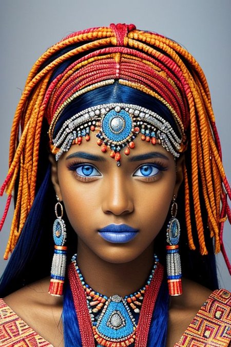 close-up photographic portrait of woman with strikingly vibrant blue-silver eyes. Supe shoulders showing. The face should, intricate, tribal-inspired art, patterns, reminiscent of beadwork and ceremonial embellishments, scheme, rich reds, oranges, blues --ar 2:3