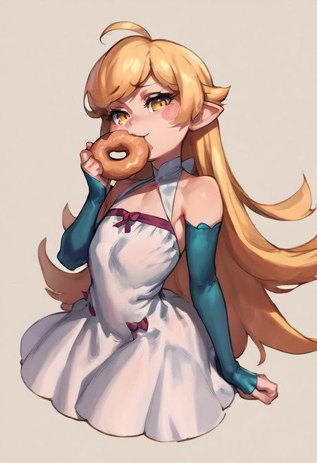 solo, 1 girl , yellow_eyes, blonde_hair, long_hair, flat_chest, pointy_ears, blush_stickers, white_dress , eating donut ,
zPDXL3 , score_9 , score_8 , score_7 , score_6_up , highly detailed ,