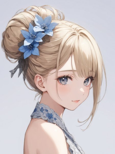 masterpiece,ultra-detailed,best quality,8K,illustration,cute face,clean skin ,shiny hair,girl,ultra-detailed-eyes,simple background, <lora:add-detail-xl:1> <lora:morigami_XL_V1.0:0.8>morigami,hair flower,hair bun