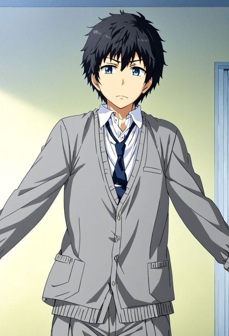 high resolution, solo, best quality, 1Boy, Arata Kaizaki, Black Hair, Blue Eyes, school life, school uniform, OverallDetail