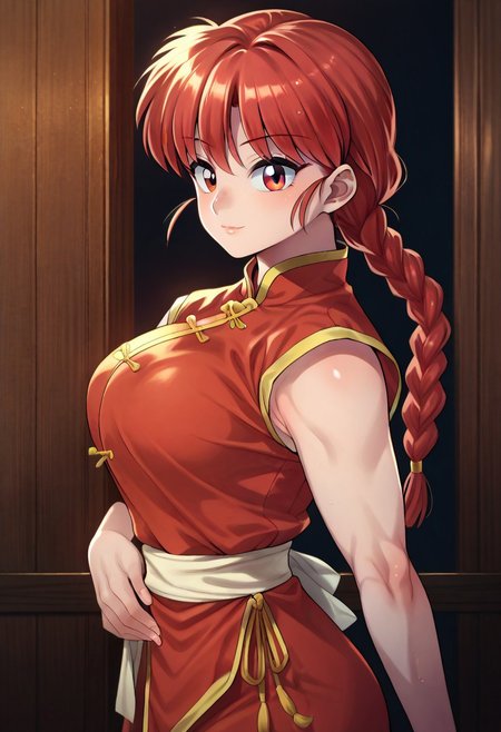 (zPDXL3), 
(zPDXLxxx), 
1girl, 
solo, 
ranma saotome, braid, red hair, single braid, braided ponytail, red eyes, medium breasts, 
pants, chinese clothes, tangzhuang, 
bust up,
side view, 
looking at viewer,