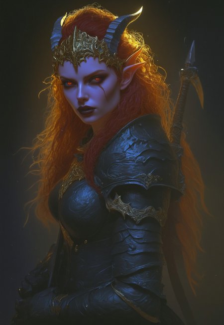 safe_pos, score_9, score_8_up, score_7_up, upscale 2x,(Pov from the side, beautiful, red hair, female elf, red eyes and horns, long hair, large breasts, black lipstick, parted lips, dark black armor with gold glowing details, runesword, on back, the sword is black with gold glowing details, dark in background:1.2) volcanic background
 (8k uhd:1,4)
 <lora:add-detail-xl:1>
 <lora:Dynamic Poses:1>