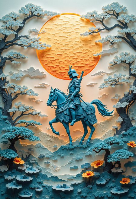 A beautiful and artistic paper cutout composition depicting a samurai warrior on a horse in an elegant, handcrafted style. The compositions are intricately cut from high-quality textured paper, with soft shadows cast onto the background, adding depth and dimension. Surrounding the samurai warrior are delicate paper cutout bonsai, and swirling decorative elements, creating a sense of traditional japanese art and craftsmanship. The lighting is soft and warm, enhancing the texture of the paper and giving the scene a handmade aesthetic. The background is a pale rising sun in a softly blurred gradient to keep the focus on the intricate details of the paper art <lora:fantasy-flux-nymical-v2:0.6> <lora:FluxDFaeTasticDetails:0.6> <lora:42lux-UltimateAtHome-flux-highresfix:0.25>