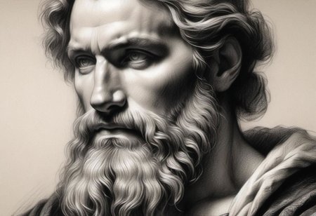 (masterpiece), 
Black and white Renaissance drawing of a mid-age bearded man,
Black and white tones,
HDR, highly detailed, 32k, 
looking at viewer, Style-Renaissance