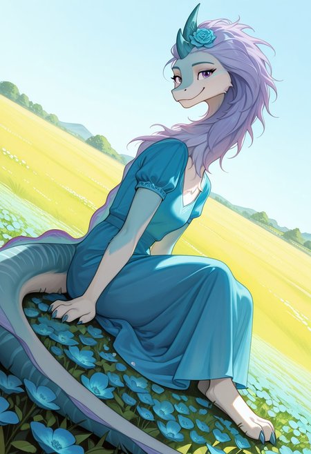 score_9, score_8_up, score_7_up, <lora:add-detail-xl:1>, Expressiveh, watercolor \(medium\), traditional media, 4k, absurdres, masterpiece, HD, high quality, best quality, sharp image, detail, detailed background, (full body image, dutch angle, low-angle view), 
She holds out a blue gemstone in the shape of a heart to the viewer. The gemstone glowed from within,
sitting in a (field of flowers), spring, peaceful look, warm smile, looking at viewer, 
solo, ((female furry, dragon, sisu_ratld)), handpaw: four fingers, hindpaw: three toes, claws, double horns, blueish purple hair, long hair, blue fur, (light neck mane), back dorsal fins, purple eyes, long body, long neck, long tail, barefoot, 
(blue spring dress, short sleeve), turquoise flower hair ornament,  turquoise flowers in the hair,