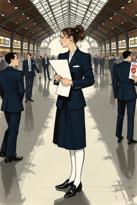 regr1 illustration.  Profile of a high school student in uniform, white socks and black shoes, standing in the middle of a train station, holding two acceptance letters--one for a local college and the other for an overseas university. The station is bustling with people moving in every direction, while she stands still, eyes closed, taking a deep breath as she tries to decide which future to follow. <lora:regr3_shoujo_nocap_d6a3:0.9><lora:808056070770609546:0>