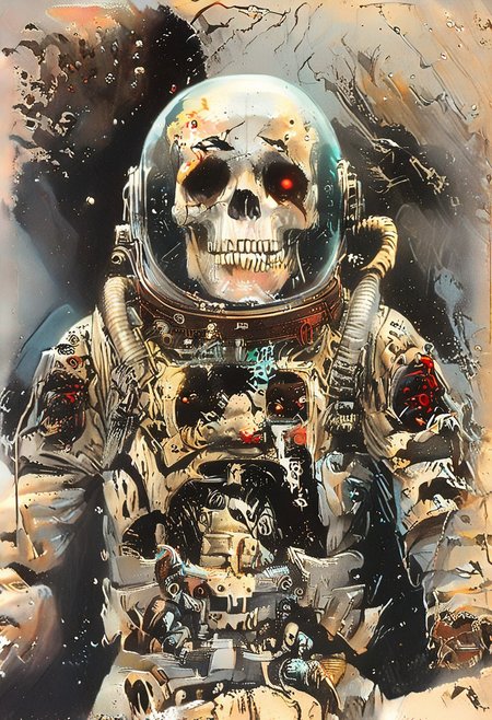 score_9,score_8_up,score_7_up, ((masterpiece,best quality)),absurdres, John Harris Style page, style of Simon Bisley, Simone Martini Style, space_space, dead astronaut, skeleton in a space suit, torn rusty dirty white american space suit, broken space suit helmet,skull in helmet, glass shards, floating through space, space stars galaxy background,