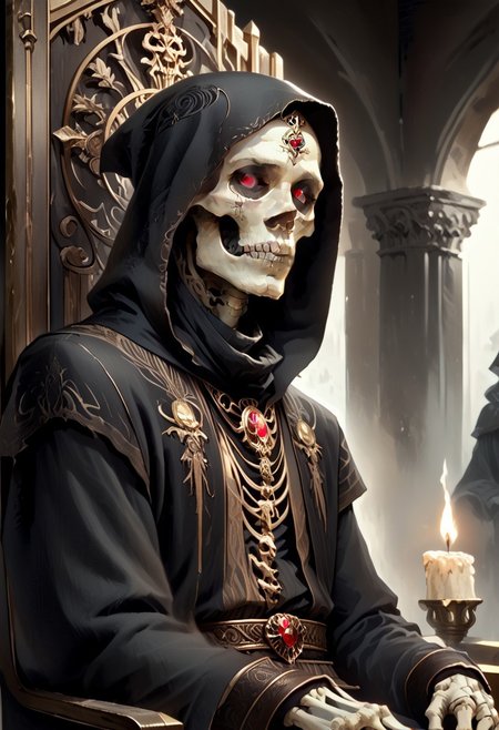 8k, score_9, score_8_up, score_7_up, Art Noveau, masterpiece, 1man (skeleton), (skull face), empty eye sockets, glowing red eyes, grey skin,
intricate black robe, intricate gold sash, black pants, black hood, gold trim, black capelet, high collar, no ears, long sleeves, long intricate gloves, emerald amulet. bracers,
sitting on throne, dark ruined palace, indoors,
1dk, portrait, Art Noveau, Noveau, skeleton, glowing eyes, black sclera, empty eyes, FFAOR, sharp_LASCALAE, ultra sharp focus,