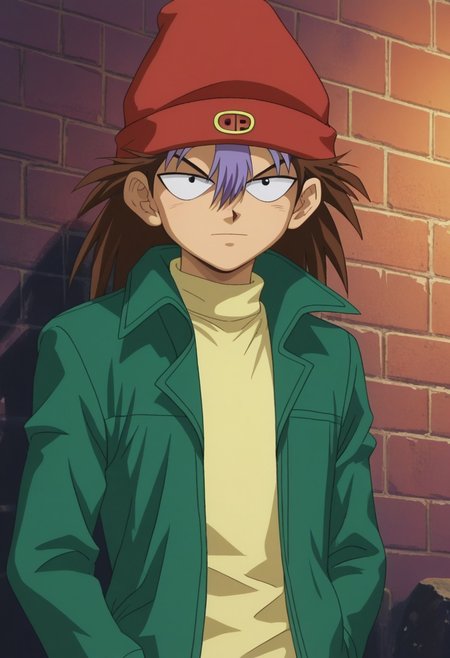 score_9, score_7_up, source_anime
ryuzaki, 1boy, male focus, solo, black eyes, brown hair, long hair, multicolored hair, two-tone hair, brown hair, purple hair, hair between eyes, hat, beanie, red headwear, shirt, yellow shirt, turtleneck, jacket, green jacket, long sleeves, open jacket, open clothes,
