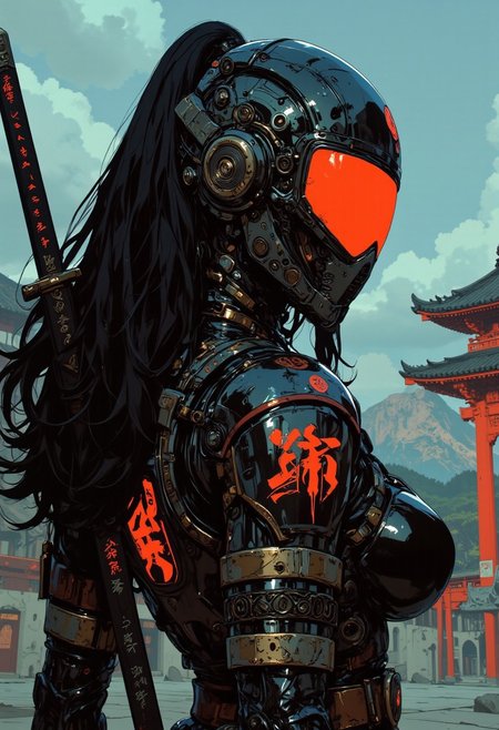 gothic, niji,  this digital anime artwork portrays an erotic, sexy asian female cyberpunk samurai, helmet with mirrored visor, hyperdetailed helmet, flowing black hair, reflective black and neon red armor, a katana strapped to her back, abstract background suggesting eastern temple