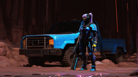 realistic,  
masterpiece, best quality, amazing quality, highres, absurdres, very aesthetic, very awa,expert shading, ultra detailed, UHD, 8K,
N3onSp3ctra, Vo1d Sp3ctrum,  scenery, outdoors, graphic realism, cyberpunk, flat colors, lineless, 3l3ganc3, semi-realism, (1girl:1.3), solo, 25yo, 1girl, android, yellow android face, 3d render, shiny purple hair, long bangs, high ponytail hairstyle, blue armor suit, cyberpunk, yellow gloves, bodysuit, black bodysuit, dramatic lighting (cyberpunk pickup truck in background:1.1), rifle by her side, motor vehicle, land vehicle, standing on rock out cropping alien planet, graphic text, distant shot, full body image, The overall mood of the image is dark and mysterious. shallow depth of field, vignette, highly detailed, high budget, bokeh, cinemascope, moody, epic, gorgeous, outdoor, <lora:Elegence_Niji:0.75> <lora:Vo1d_Sp3ctrum-final-v1:0.85> <lora:NeonSpectra:0.5> <lora:nhl-001-20:0.3>