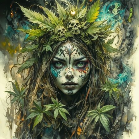shamanqua  girl shaman among the marijuana bushes, very detailed<lora:shamanqua:1>