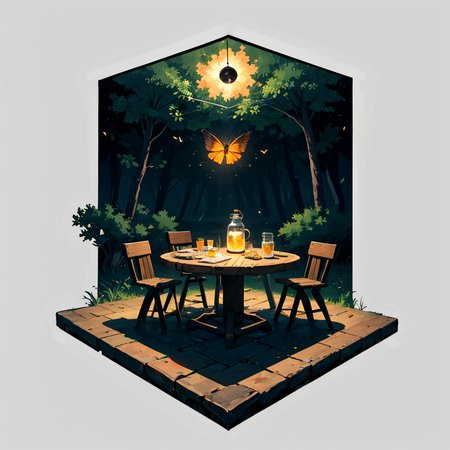 otherworldly, hexagonal composition, glass jar, wooden table, fireflies, night, outdoors, simple background  <lora:hexagon_composition_03:0.6>