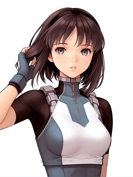 masterpiece,best quality,newest,
1girl,solo,
<lora:nagase_mari_ilxl_v1.0:1>,mari,black hair band,bob_cut,brown hair,grey eyes,
r_suit,turtleneck,skin tight,bodysuit,crop top,short sleeves,fingerless gloves,leotard,<lora:Fixhands_anime_bdsqlsz_V1:1>,white_background,simple_background,looking_at_viewer,expressionless,straight-on,parted lips,hand in own hair,upper_body,profile,
