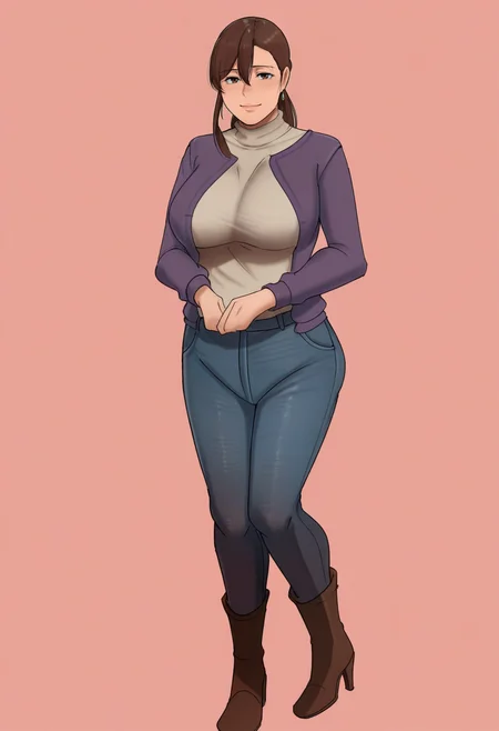 masterpiece, best quality,
1girl, solo, full body, 
standing,
looking at viewer, light smile, happy, 
<lora:Yurie_-_Yojouhan_Shobou:1> y0r13, brown hair, mature female, large breasts, long hair, ponytail, hair between eyes, brown eyes, 
purple jacket, turtleneck, jewelry, jeans, long sleeves, boots, high heels, 
pink background, simple background,