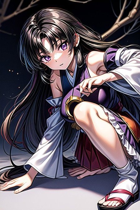 masterpiece,  best quality 1girl Setsun4 solo long hair,  (night time) forest background black hair very long hair purple eyes multicolored hair armor (fur trim) (medium body),<lora:EMS-179-EMS:0.800000>,<lora:EMS-293862-EMS:0.800000>ascot, bare shoulders, black footwear, detached sleeves, embellished costume, frills, japanese clothes, nontraditional miko, red skirt, sandals, sarashi, skirt, socks, armor, miko