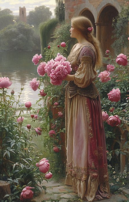 masterpiece,best quality,<lora:tbh201-sdxl:0.9>,illustration,style of Edmund Leighton
 decaying peonies