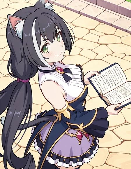 (karyl (priconne),streaked hair,multicolored hair,black hair,white hair,very long hair,low twintails,bangs,purple bow,green eyes,fang,cat girl,animal ear fluff,cat ears,cat tail,sleeveless shirt,long wide frilled detached sleeves,bare shoulder,purple frilled skirt,black thighhighs,holding open book,smile,1girl),cobblestone streets in a medieval town,medieval castle,day,
(from above,from side:2) ,
looking at viewer,
medium breasts,
perky breasts,realistic proportions,natural looking breasts,explicit,hair between eyes,strong outlines,clean lineart,harsh lines,slim,curvy,(narrow waist:0.1), wide hips,thick thighs,detailed body,skindentation,matte skin,smooth skin,deep skin,soft brightness,detailed mouth,kawaii,moe face,
(anime screencap),(anime coloring:1.2),anime style, Japanese anime, cel-shading, clean lineart, vibrant colors, sharp facial features, 2D illustration, anime screencap style,anime background scenery,detailed linework,intricate details,(masterpiece,best quality,amazing quality),IllusP0s,(very aesthetic,absurdres:1.2),16k,highres,perfect hands,five fingers,detailed hands,
 <lora:ããªã³ã»ã¹ã³ãã¯ãReDiveã­ã£ã«illustriousPrincess_Connect_ReDivekarylillustrious:1:0.8>