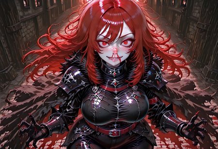 very aesthetic, masterpiece, best quality, highres, absurdres, amazing quality, high resolution, medieval background, detailed eyes, perfect eyes, expressive eyes, Expressiveh, vivid colors, realistic lighting, perfect anatomy, addmicrodetails, ultra detailed face, ultra detailed eyes
Red Eyes, long hair, red hair, pale skin, voluptuous, cellulite, chubby, large breasts, ((uneven eyes)), freckles, crazy eyes, wide hips
black medieval armor, black armor, black gloves, sharp fingers, black gauntlets, dark red leather straps, black fur cloak, black fur collar, black leggings, black pauldrons, black shirt, button up shirt, button down shirt, gambeson
absurdres, highres, anime, anime style, ExcessiveAnimeNosebleed, nose bleed, bleed, excessive nose bleed, blood, nosebleed,