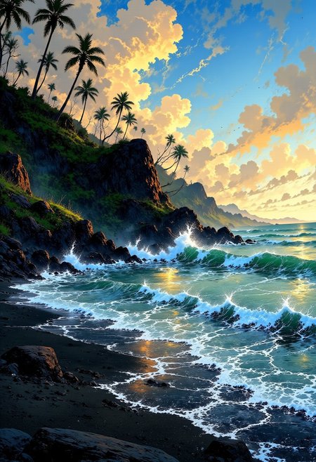 Hawaiian Black Sand Beach – Lava Rocks & Ocean Waves
"A mystical black sand beach in Hawaii, where volcanic lava formations create a striking contrast against the deep blue Pacific Ocean. Tall palm trees stand along the shoreline, their fronds casting playful shadows on the sand. Powerful waves crash against the rugged coastline, sending white mist into the golden sunlight."