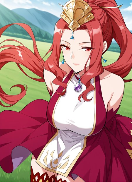 <lora:Cao_Ying__Battle_Through_the_Heavens__Illustrious:1>
1girl, solo, red eyes, sharp eyes, long hair, high ponytail, red hair, ahoge, hair ribbon, hair ornament, wavy hair, sidelocks, anime style, 
fantasy outfit, ornate dress, sleeveless dress, off shoulder, high collar, flared sleeves, asymmetrical skirt, short dress, wide sleeves, detached sleeves, red sleeves, red thighhighs, thigh boots, red boots, fantasy outfit, ornate dress, gemstone necklace, tiara,forehead jewel, earrings, elegant, royal, fantasy girl, 
score_9, score_8_up, score_7_up, very aesthetic, source_anime, detailed, high quality, beautiful, masterpiece, detailed eyes, field, blurry background, pose dynamic angle, upper body, cowboy shot, light smile, floating hair, half-closed eyes, hands behind back, leaning forward, looking forward, looking at viewer