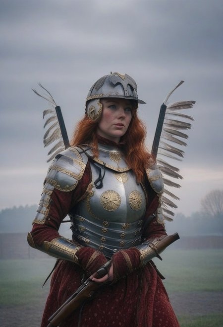 Cinematic photography of a beautiful redhead woman wearing winged_hussar_armor, hourglass body shape, wide hips, large breasts covered by form fitting metallic armor, lather harness made of black straps with metal rings. The woman is in powerful pose emphasizing her curves. She is wearing helm, breastplate, pauldrons, faulds, vambraces, boots. She is holding flintlock pistol. Seductive eyes with a reflection. Atmospheric fashion photography, soft white light in fogy day breaking through the smoke and steam in which the woman's silhouette disappears. Mysterious aura. In the background dark blurred abstract geometrical forms over snowy field.
