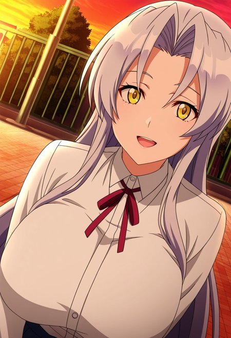 general,highres, ultra-detailed,very aesthetic,best quality ,best hands,best eyes,easynegative,
dynamic anglre, dutch angle, anime cloring,anime screencap,
1girl solo,looking at viewer,school, outdoors, smile,open mouth, 
Mikoto Kiba,grey hair, long_hair, yellow eyes, huge_breasts,school uniform,