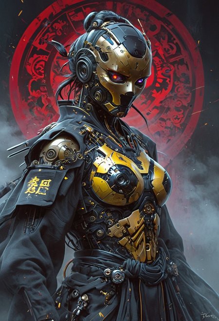 Create a extrahart, mystical, and high-resolution image of an busty female anthropomorphic a humanoid robot with intricate mechanical components named c3po. The character should be depicted in a manga cover style with wealthy portraiture and poster art elements. The image should feature rich colors and high contrast, focusing on the best quality, official art, and a beautiful and aesthetic appearance. Include fractal art elements and a colorful background with a splash of color. Use a movie perspective and an advertising style, similar to a magazine cover. C3po samurai should be shown solo, wearing Japanese clothes and armor, holding a sheathed katana, and standing in a cowboy shot pose. The robot should have neon green and yellow hip-hop clothes, tattoos, muscular abs, shoulder armor, and a metallic flowers in the background. Emphasize a samurai theme with a black and red background and starwars elements.
