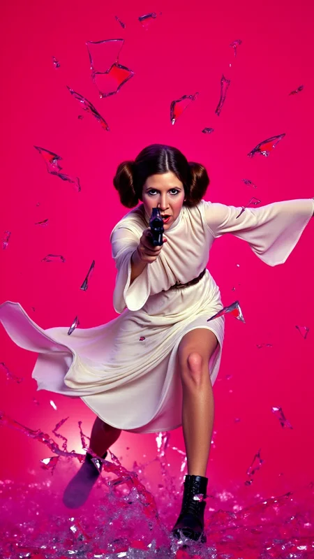 <lora:Carrie_Fisher_Flux:1.2> A dynamic, high-energy scene captures Carrie Fisher as Princess Leia Organa holding a blaster from starwars pointed at viewer in a fierce pose, mid-action as she bursts through a shattered glass surface, shards flying in all directions. Perfect hands. The background is a solid, vivid HotPink, creating a stark, intense contrast with the sharp, reflective fragments of glass. She's a young woman with fair skin and brown hair styled in two large, round buns, dressed in her iconic white, floor-length gown, which features a high neck and long, flowing sleeves.   Her body is marked with small cuts from the glass, droplets of blood glistening under the light. Her expression is one of pure fury, his eyes locked onto the viewer as if they are the target of her rage. Her pose is explosive, one leg extended forward as if sheâs leaping through the air, his arms raised defensively or ready to strike. The glass shards around him are frozen in mid-air, their jagged edges catching the light and creating a chaotic, almost surreal effect. The HotPink background amplifies the intensity of the moment, evoking a sense of danger and raw emotion. The atmosphere is charged with adrenaline, the aftermath of his violent breakthrough palpable in every detail. The image feels as if itâs happening directly in front of the viewer, Carrie Fisher as Princess Leia Organaâs momentum and the flying glass creating a sense of immediacy and immersion. Itâs a moment of chaos and power, a snapshot of rage and determination frozen in time. The combination of the HotPink backdrop, the sharp glass, and Carrie Fisher as Princess Leia Organaâs fierce expression makes for a visually striking and emotionally charged composition. She goes forward, driven by duty and the promise of glory.