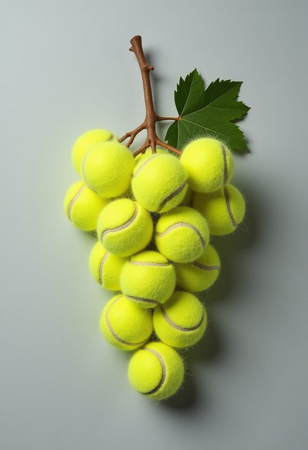 One object, gray background, grapes made out of tennis balls