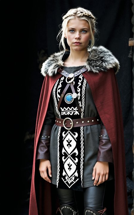 1girl,Viking, Astrid from the TV series Vikings, Josefin Asplund, dark hair, short hair, tousled hair, blue eyes, friendly look, normal breasts, A high status chieftainâs attire in obsidian black, stormy gray, and deep crimson, consisting of a thickly woven tunic with metallic thread embroidery. A grand wolf fur cloak, fastened by twin silver brooches, drapes over the shoulders. Paired with sturdy leather leggings and hand wrapped hide boots.,